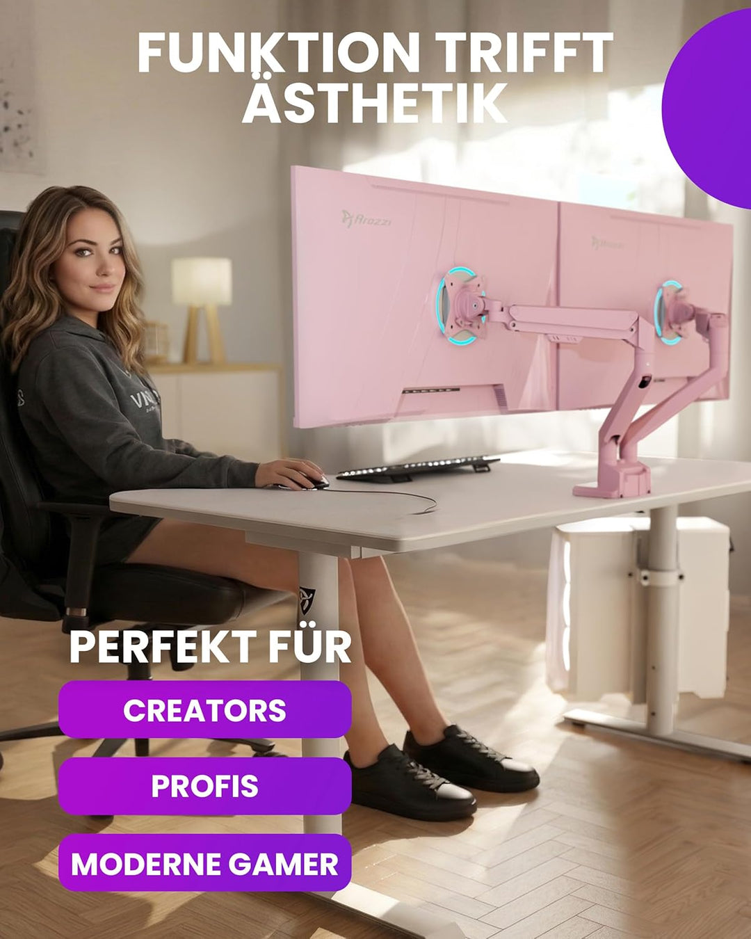Arozzi Alzare Neo Duo Monitorarm mit Gasfeder - 2 Arme, für 43–86 cm Monitore, VESA 75/100, 360° dre