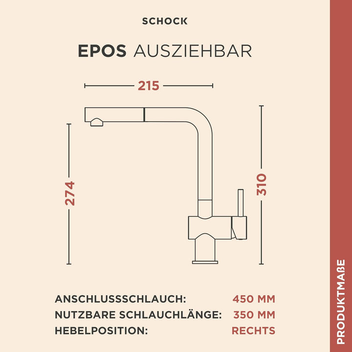SCHOCK Küchenarmatur EPOS Puro – schwarze CRISTADUR Niederdruck Armatur mit ausziehbarer Schlauchbra