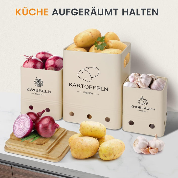 Kartoffel Aufbewahrungsbox, Aufbewahrung Kartoffeln Zwiebeln Knoblauch - 3er Set mit Bambusdeckel -