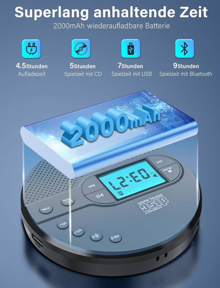 Walkman CD-Player mit Bluetooth - 2000mAh Wiederaufladbarer Discman CD-Player mit FM-Transmitter, Ko