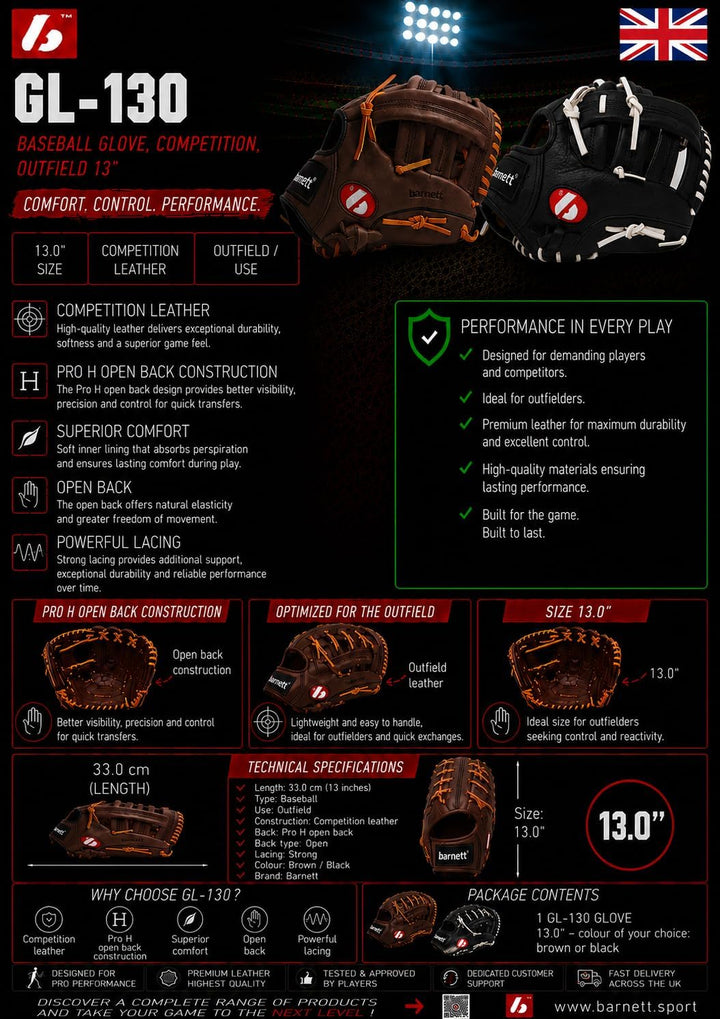 GL-130 Baseball Handschuh, Echtleder, Wettkampf, Outfield &amp; Softball 13", braun REG (für Rechtshände