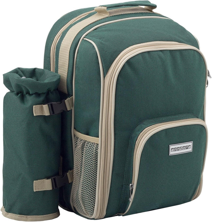 anndora Picknickrucksack mit Kühlfach grün + Zubehör 15 teilig - 2 Personen, Grün