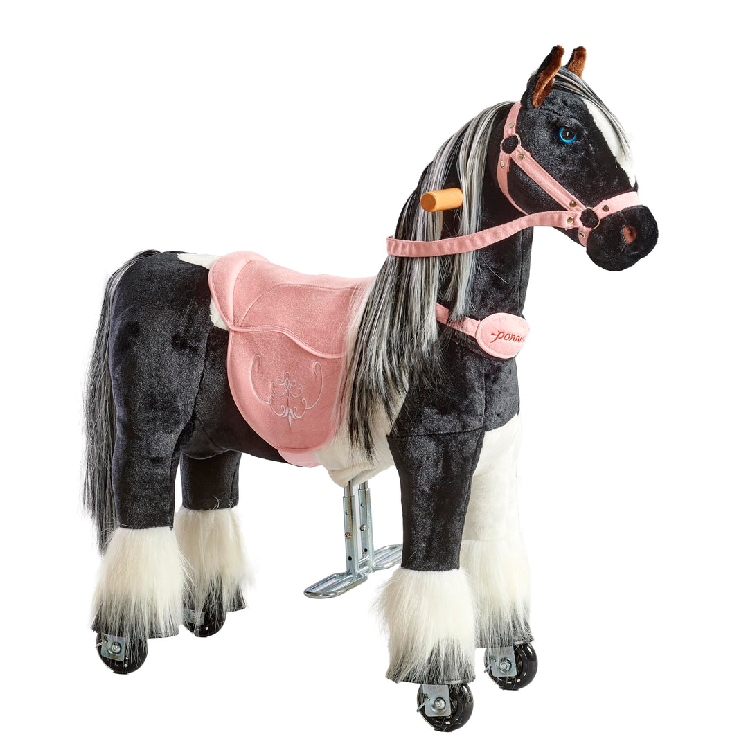 PONNIE Reitpferd mit Rollen Domino S (3-6 Jahre), Spielpferd zum Reiten mit Abnehmbarer Rosa Sattel