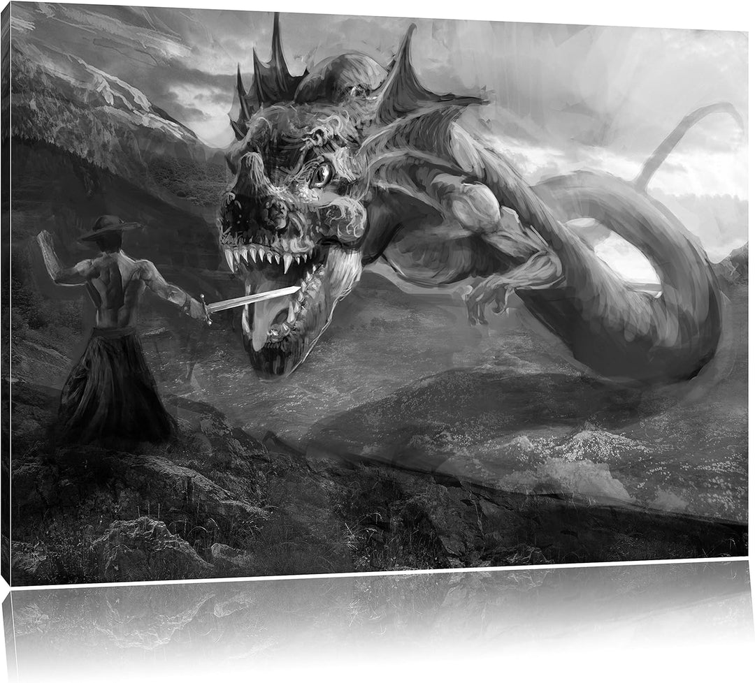 Pixxprint Drache kämpft gegen Krieger / 100x70cm Leinwandbild bespannt auf Holzrahmen/Wandbild Kunst
