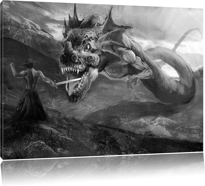 Pixxprint Drache kämpft gegen Krieger / 100x70cm Leinwandbild bespannt auf Holzrahmen/Wandbild Kunst