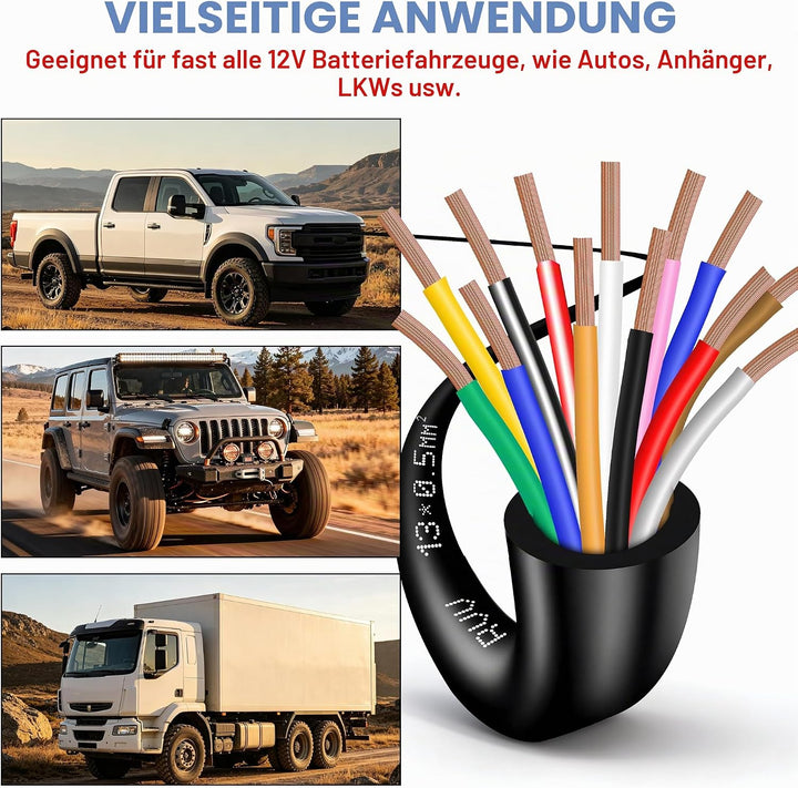13 adriges Kabel für Anhänger 10m Abschleppseil 13 adriges Anhängerkabel schwarz für Wohnwagen LKW I