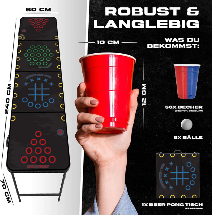 Beer Pong Tisch 4-in-1 | Flip Cup, Rage Cage, Drunk Tac Toe | Klappbarer Turniertisch 240x60x70 cm |