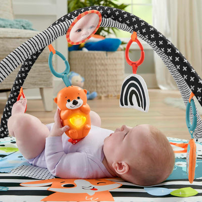 Fisher-Price Tierfreunde Kontrast-Spieldecke | Spielbogen Baby Spielzeug mit Musik und Licht | Krabb