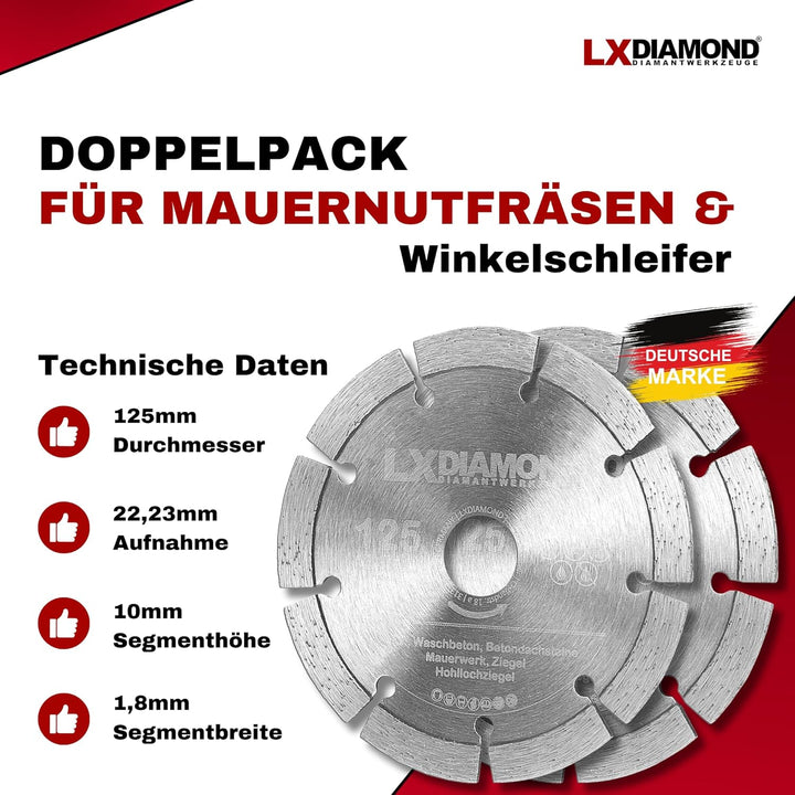 LXDIAMOND 2x Diamant-Trennscheibe 125mm x 22,23mm für Mauernutfräse 125 mm - Diamantscheibe zum Tren