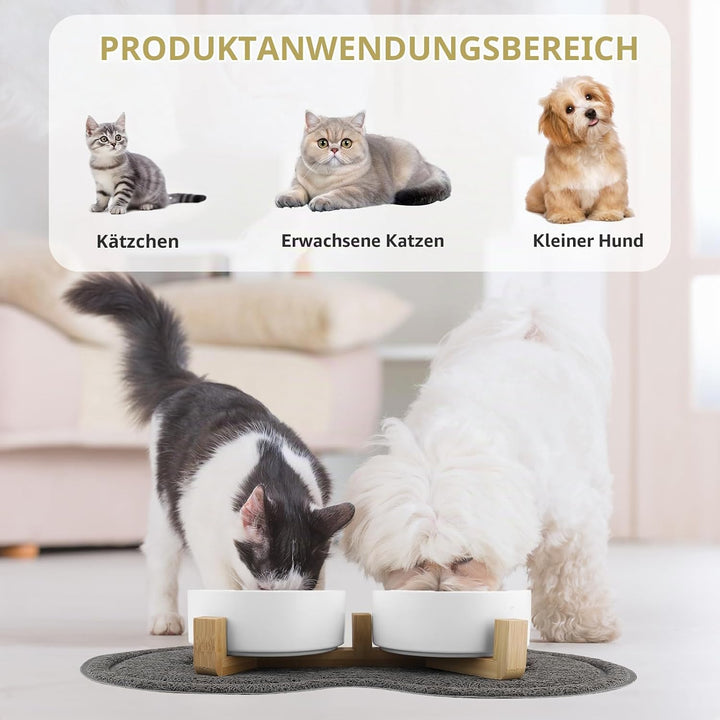Katzennapf, 2 Stück Keramik Futternapf Katze Set, 3-in-1 rutschfeste Katzennäpfe mit Holzstände und