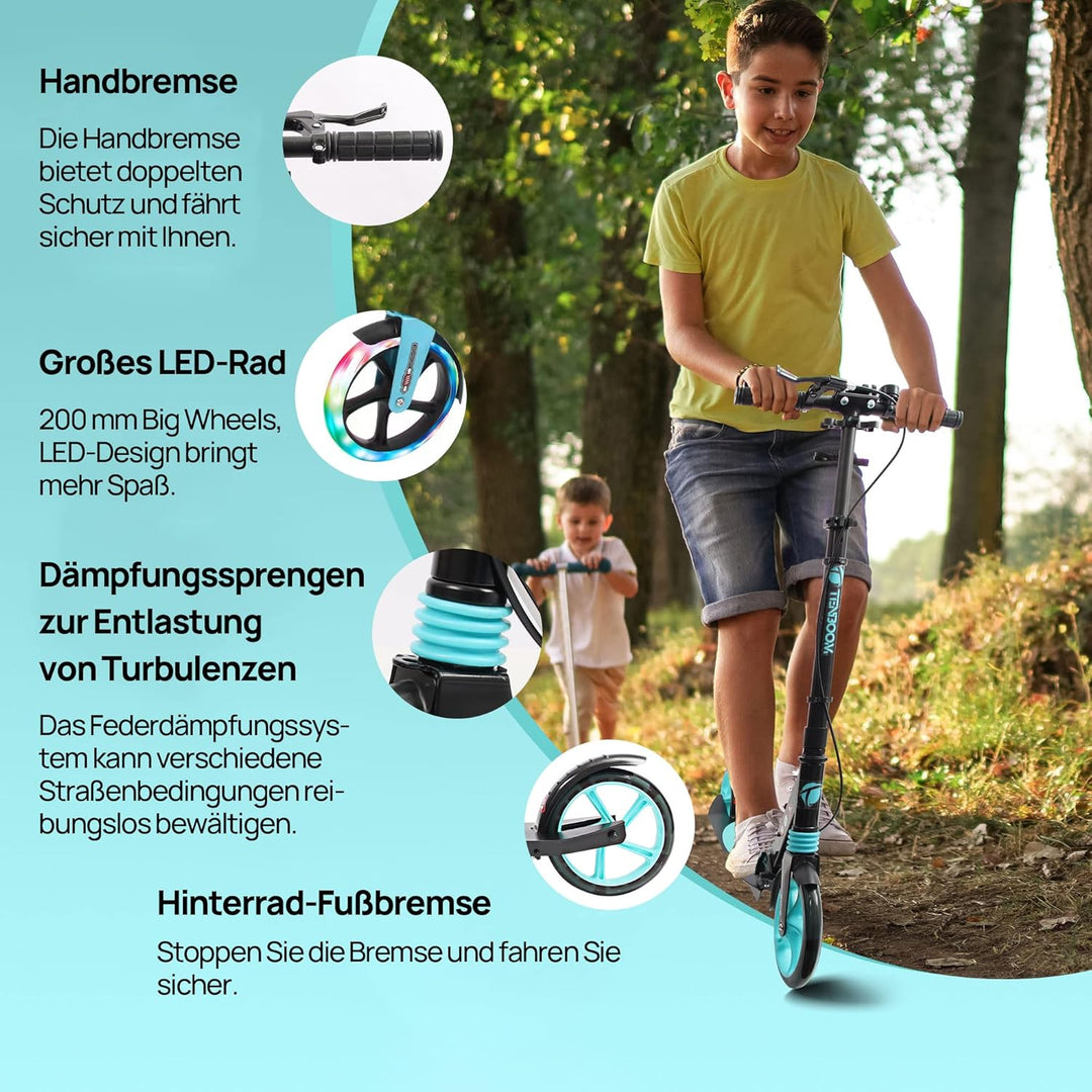TENBOOM Roller Kinder 10 Jahre, Aluminium Tretroller klappbar Cityroller Höhenverstellbar, Roller Ki