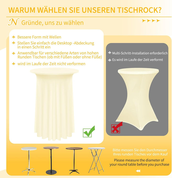 3 Packs Spandex Cocktail Tischdecke mit Röcken 80 x 110cm, beige Stretch Cocktail Tischtuch für hohe