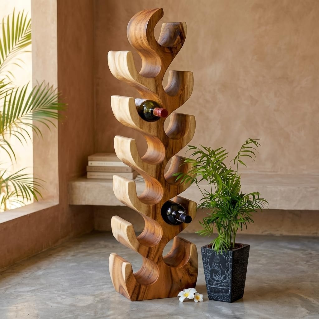 Kinaree XL Suar Weinregal für 12 Flaschen – Handgefertigtes Holzregal aus Massivholz – Dekoratives F