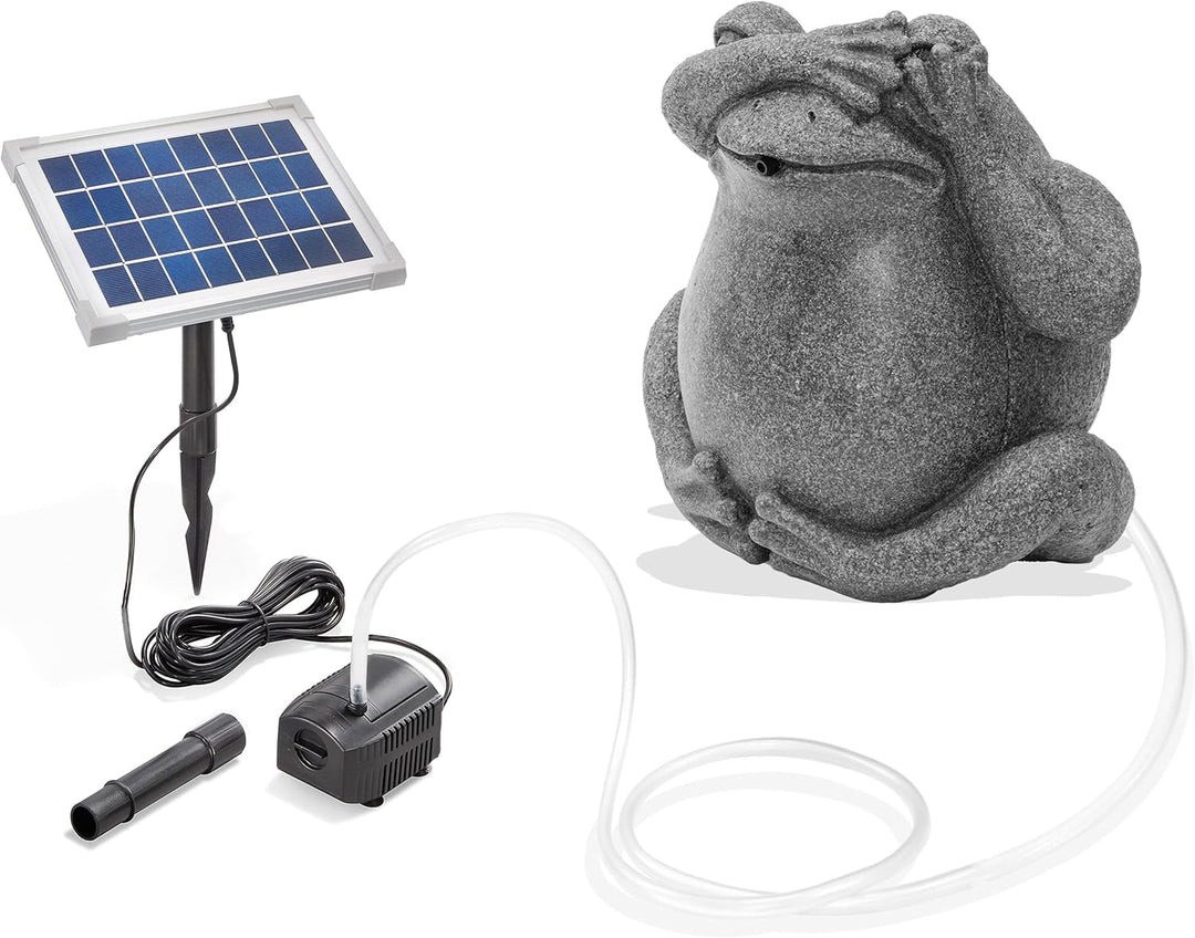 esotec Solar Set Wasserspeier Frosch sitzend, Solarpumpe, Teichfigur Gartenfigur Gartenstatue, Tauch
