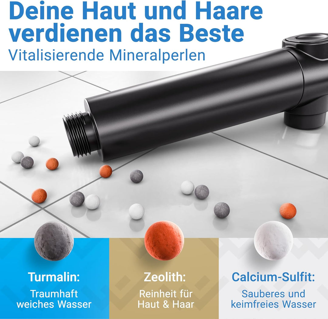 LOBENSWERK Duschkopf mit Filter [3 Modi - inkl. Booster] Duschkopf wassersparend mit Mineralperlen |