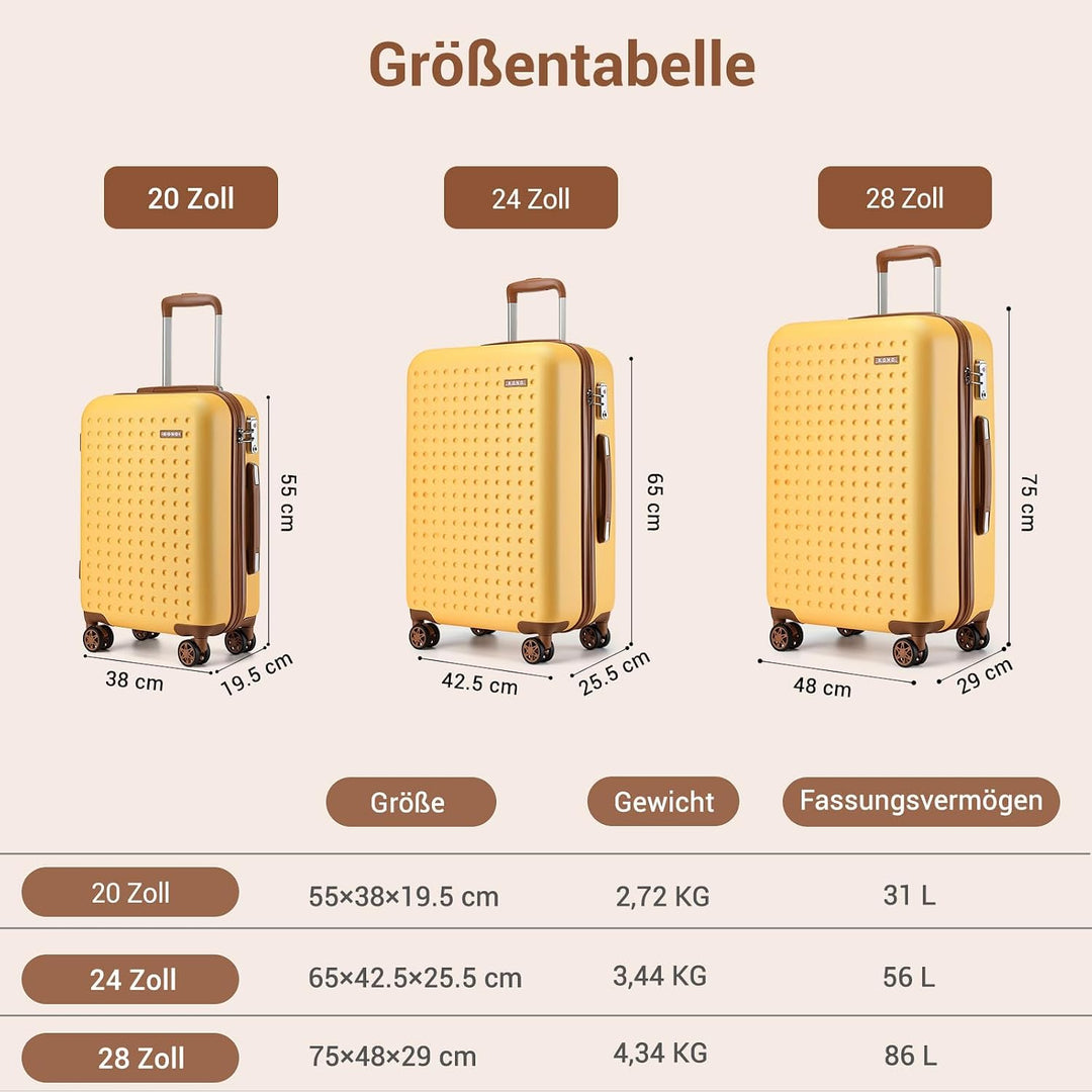 KONO Koffer Trolley Gross Hartschalenkoffer Reisekoffer von ABS Hartschalen Handgepäck mit 4 Spinner