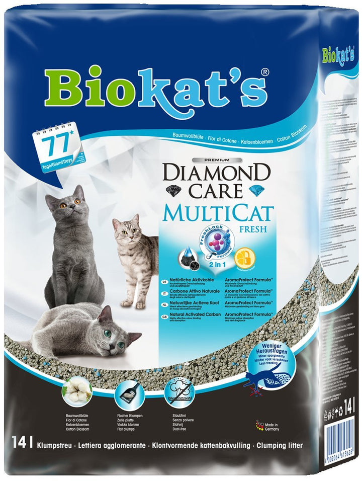 Biokat's Diamond Care MultiCat Fresh mit Duft - Feine Katzenstreu mit Aktivkohle speziell für Mehrka
