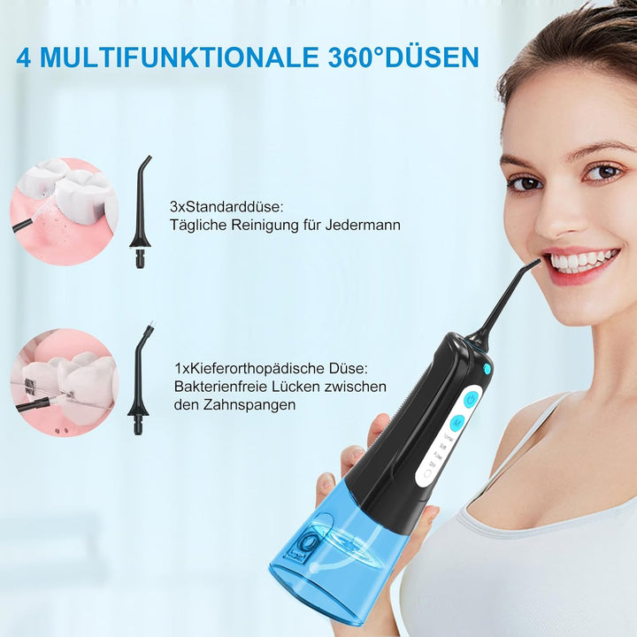 SURFOU Munddusche Kabellos Mundduschen 300ML 4 Modi 4 Düsen, Mundduschen Reise Water Flosser IPX7 Wa