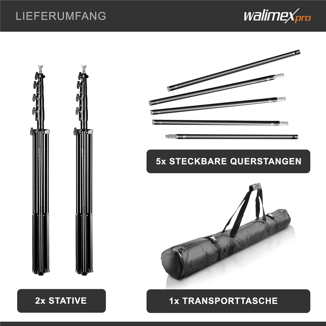 Walimex pro Hintergrundsystem XXL 190-465cm - extrem stabiles & grosses Profi Hintergrund-Set für St