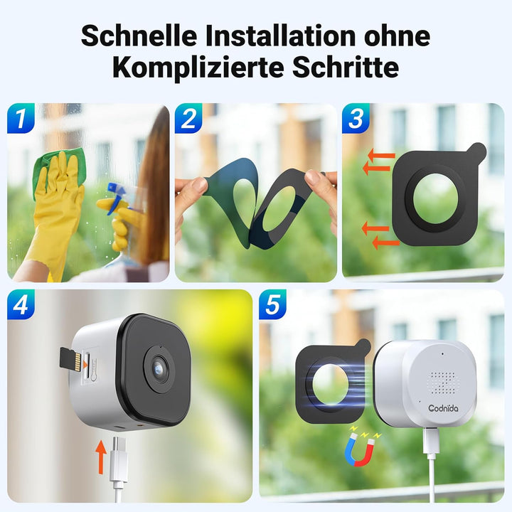 Codnida 2K Magnetische Fensterkamera Ohne Bohren, 2,4 & 5 GHz WLAN Überwachungskamera Innen mit Star