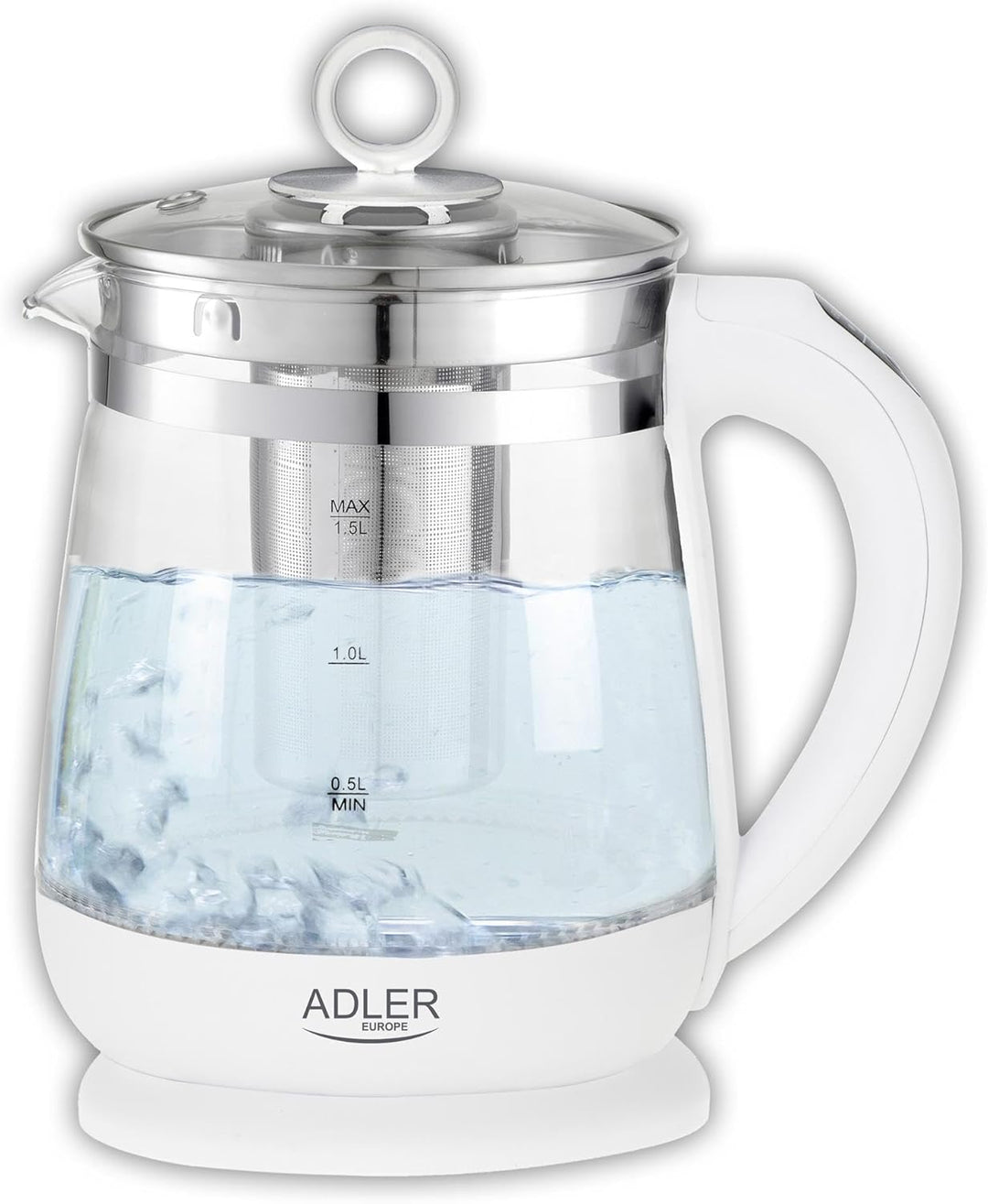 ADLER AD 1299 Elektrischer Wasserkocher aus Glas 1,5 Litern, Beleuchteter Innenraum, Teesieb, Temper