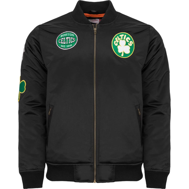 Mitchell & Ness M&N Satin Bomber Jacke - Patches Boston Celtics S Schwarz, S Schwarz