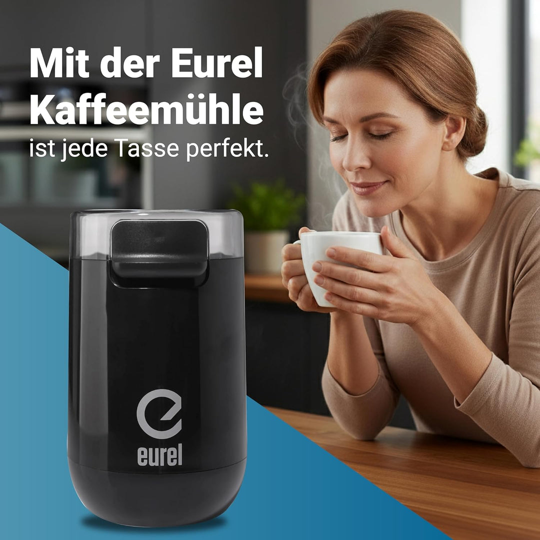 EUREL KMA Schwarz Kaffeemühle | Beste Mahlergebnisse I Mahlgrad variabel I Edelstahl Mahlbehälter un