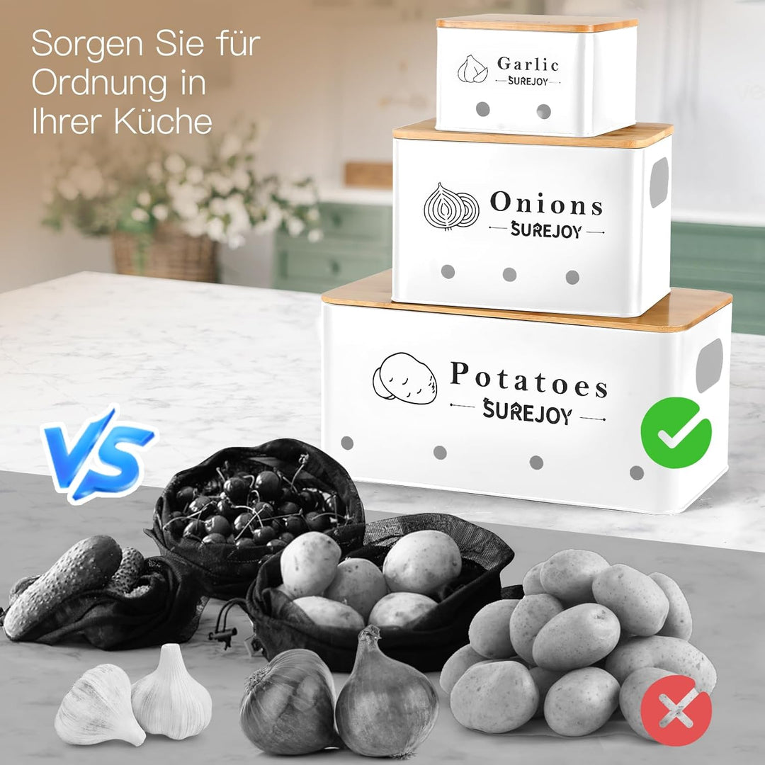 Surejoy Kartoffel Aufbewahrungsbox 3er Set, Vorratsdosen für Zwiebel Knoblauch Aufbewahrung, Hält Ge