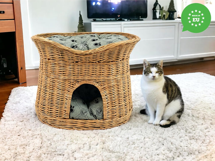 Katzenkorb zum Schlafen – Katzenhütte Indoor – Grösse L: 60 cm oval – Katzenhöhle aus Weide – Zweist