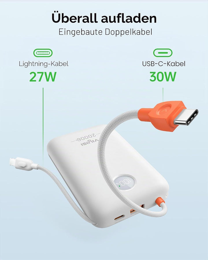 VIYISI Powerbank 20000mAh, 30W PD Schnellladegerät mit integrierten USB-C &amp; Lighting Kabeln, mit LED