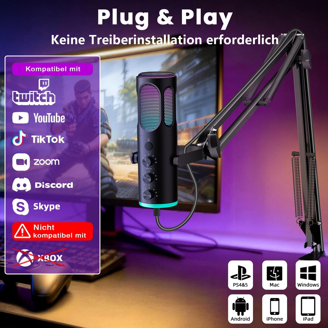 Ortizan Gaming Mikrofon PC, USB Podcast Mikrofon für PS4/5 und Mac, Noise Cancellation Kondensator M