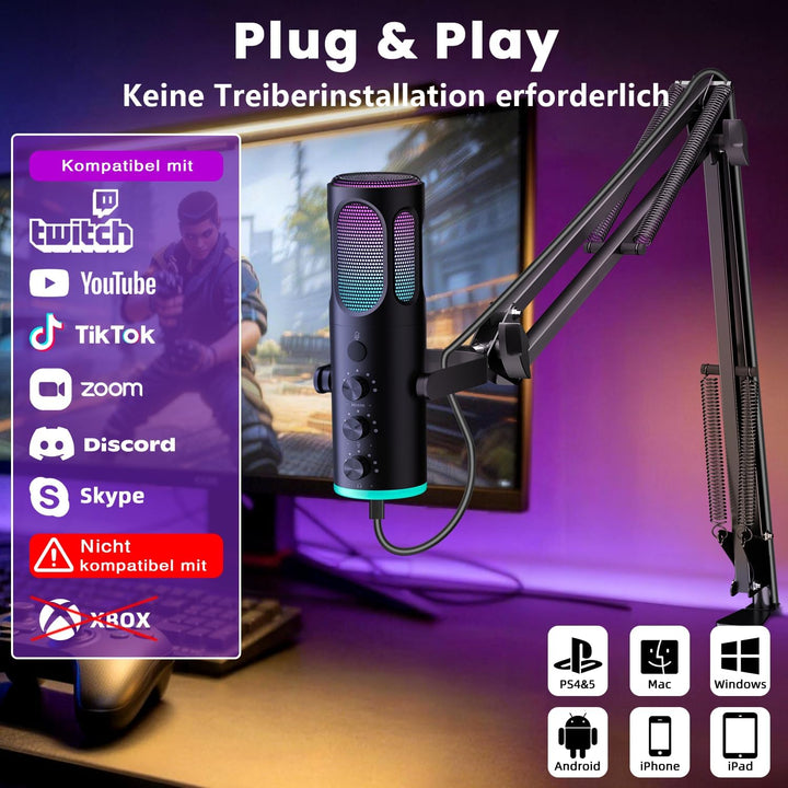 Ortizan Gaming Mikrofon PC, USB Podcast Mikrofon für PS4/5 und Mac, Noise Cancellation Kondensator M