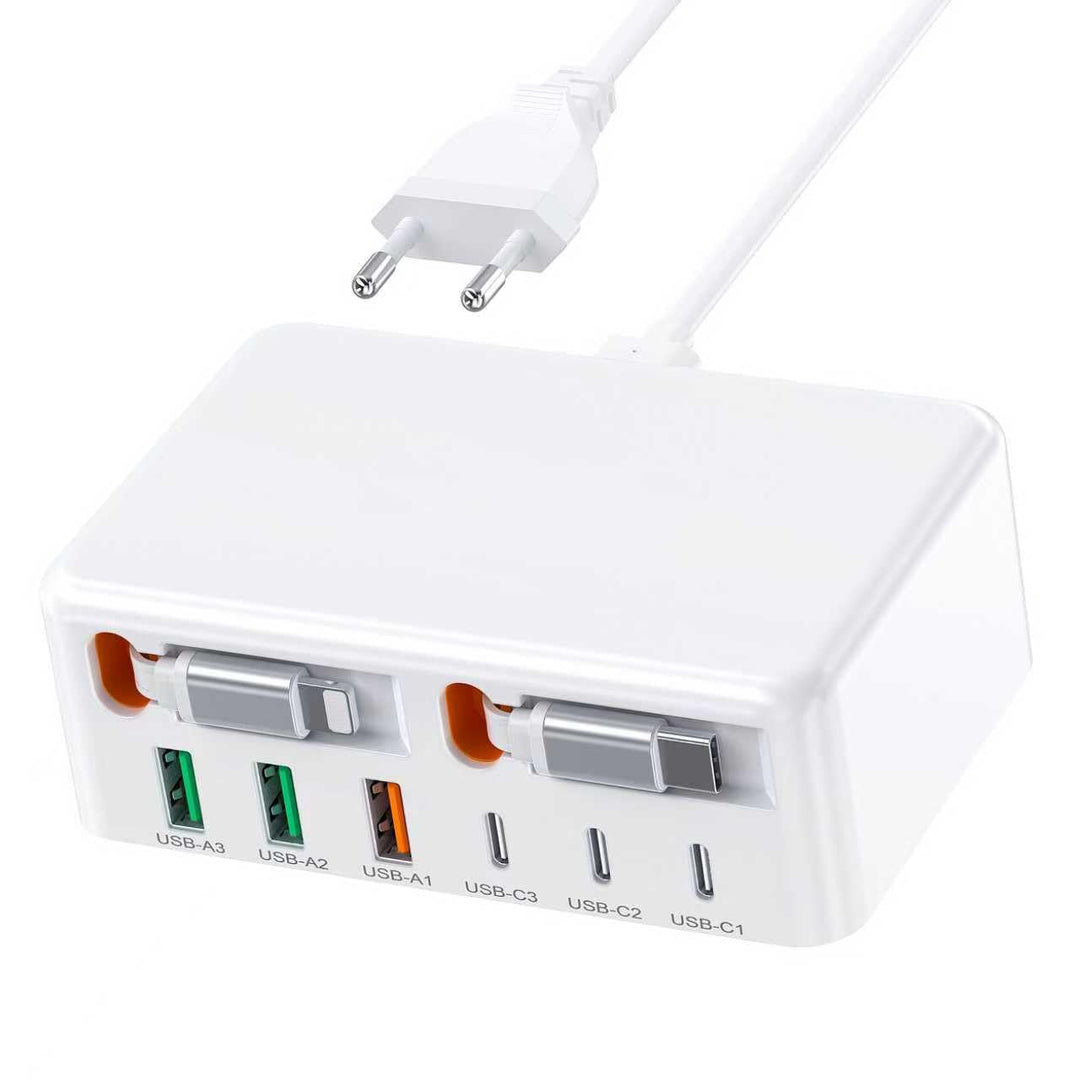120W USB C Ladegerät, 8-Port USB C Schnellladegerät Netzteil mit Einziehbarem Kabel, PD+QC 3.0 GaN U