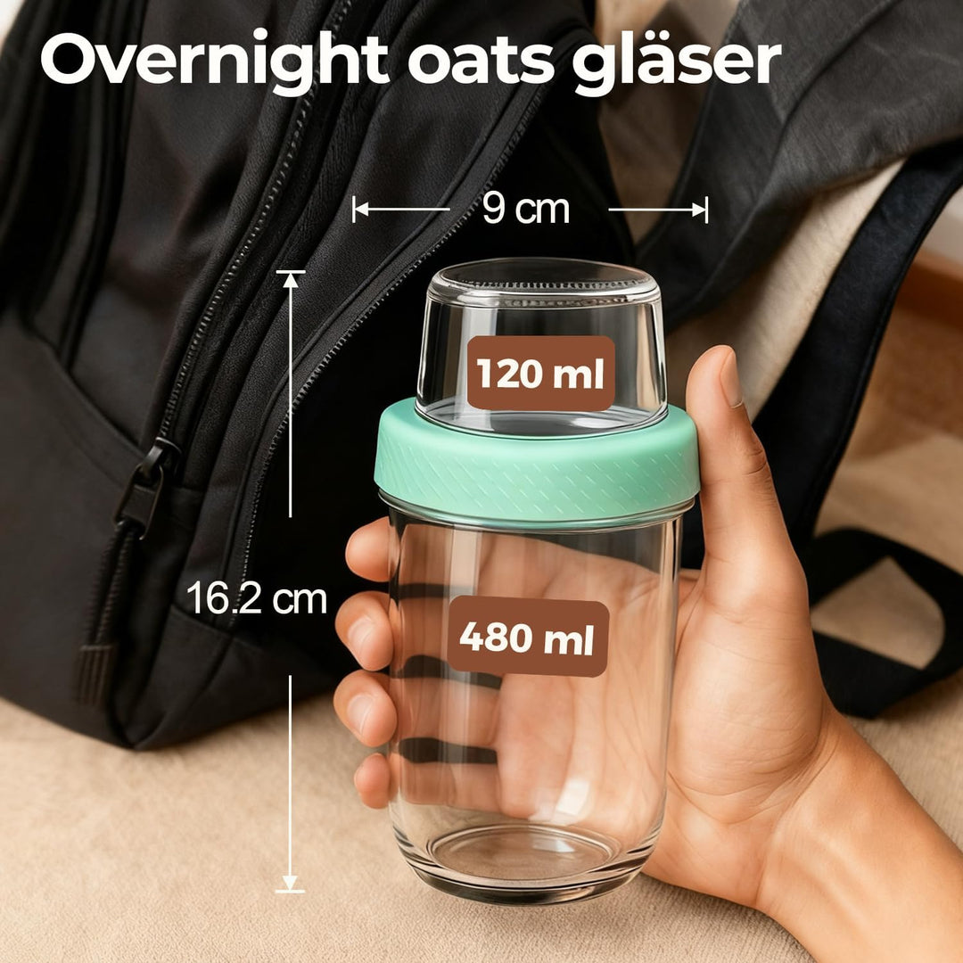 ComSaf 4er Overnight Oats Gläser, 480ml+120ml Müslibecher to go, Joghurtbecher mit Doppelschicht-Des