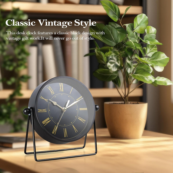 Vintage Metall-Tischuhr – Leise Kaminuhr ohne Ticken mit verstellbarem Winkel, Analoge Standuhr im R