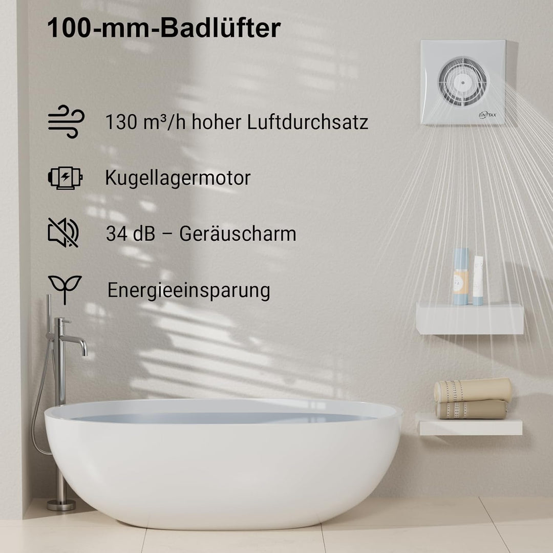 Badlüfter 100mm Abluftventilator Küche mit Rückstauklappe,130m³/h, IPX2 Wasserdicht, für Bad Küche S
