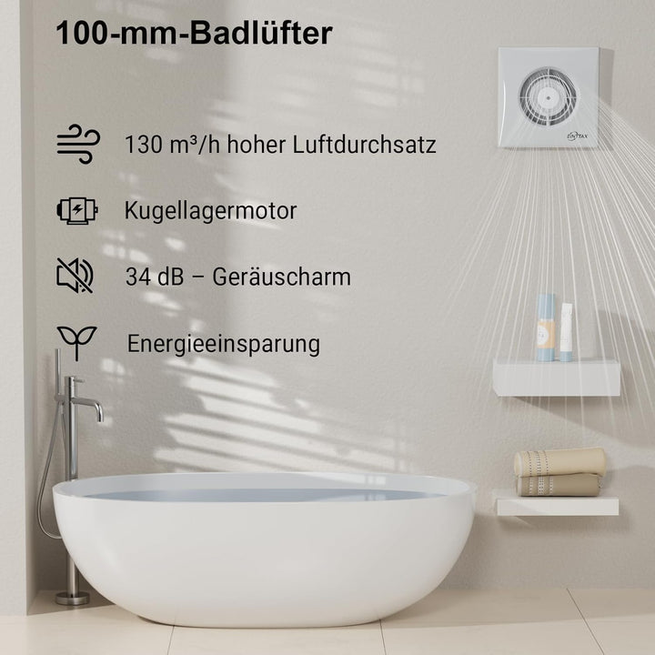 Badlüfter 100mm Abluftventilator Küche mit Rückstauklappe,130m³/h, IPX2 Wasserdicht, für Bad Küche S