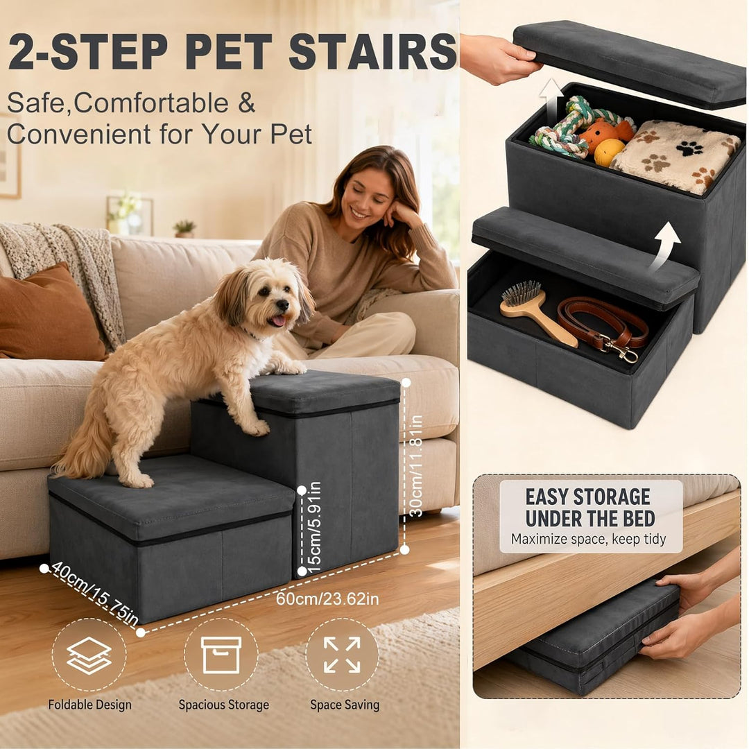 Hundetreppe mit Stauraum, faltbar, 2 Stufen, rutschfeste breite Hunderampe, Haustiertreppe für Bett