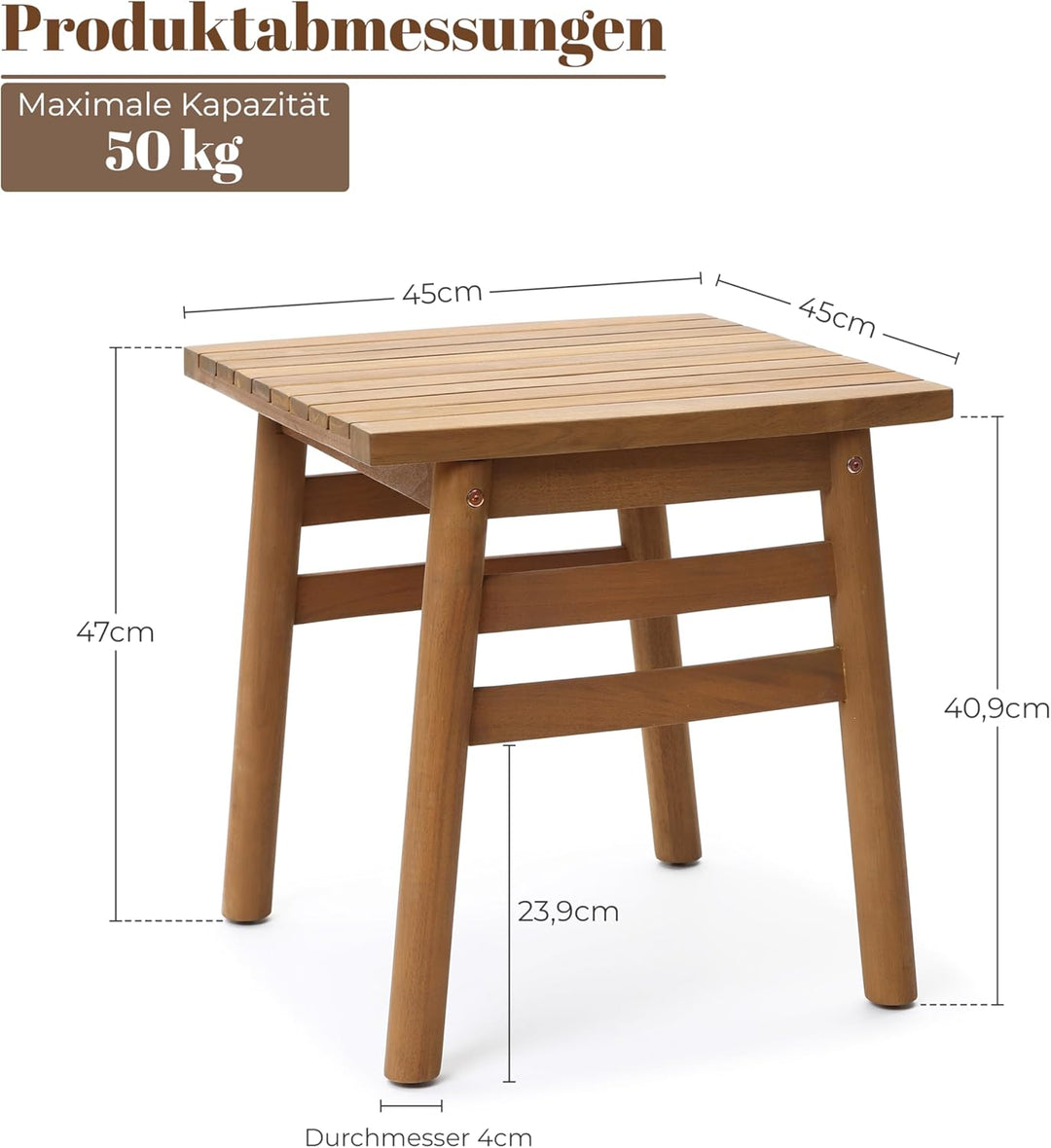 Hometopia Beistelltisch Quadratisch aus massivem Akazienholz - 45x45 cm - Stabiler Couchtisch & Nach