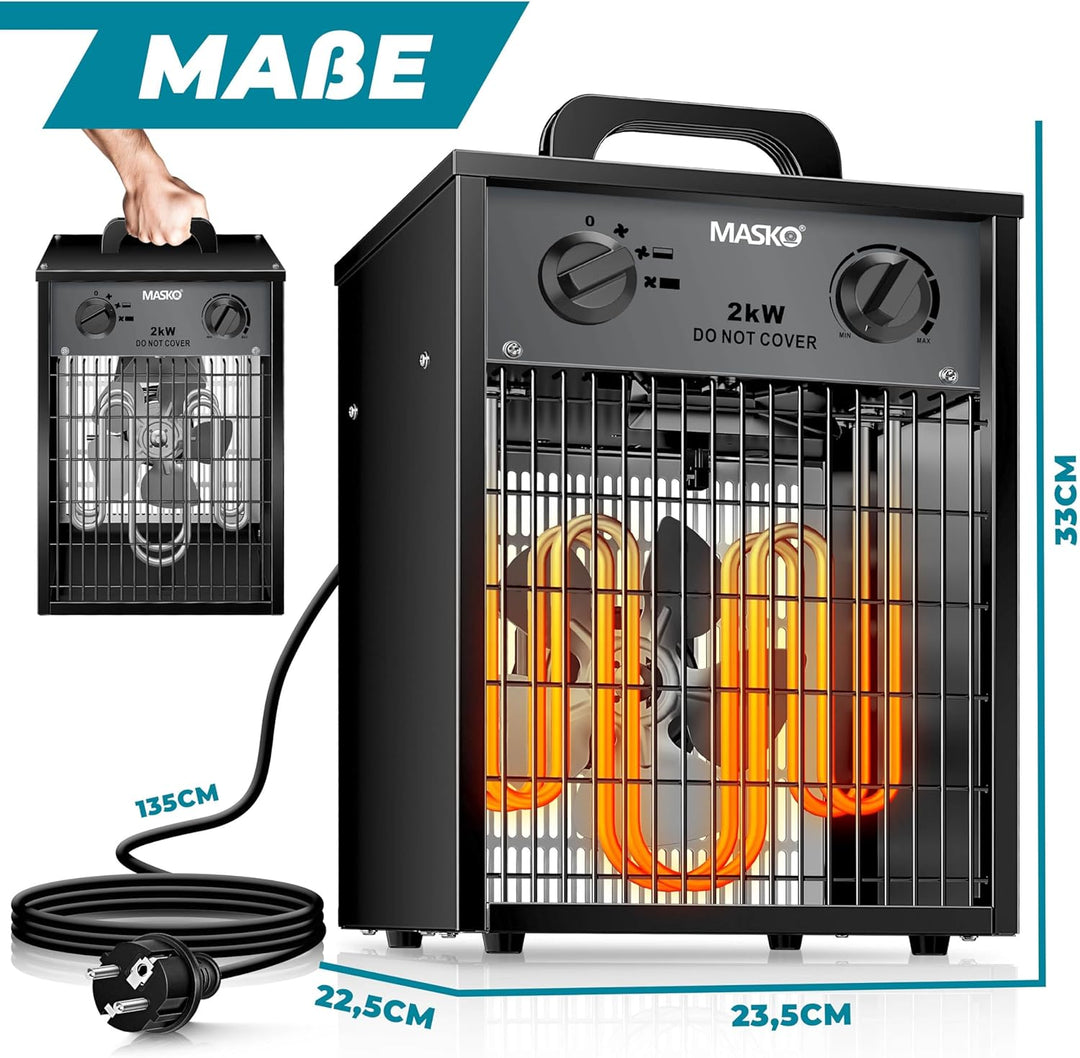MASKO® Elektroheizer Heizlüfter Bauheizer 2 KW mit integriertem Thermostat elektrisch Heizgerät 2000