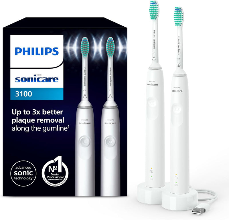 Philips Sonicare 3100 Series elektrische Zahnbürste mit Schalltechnologie Doppelpack, mit Drucksenso