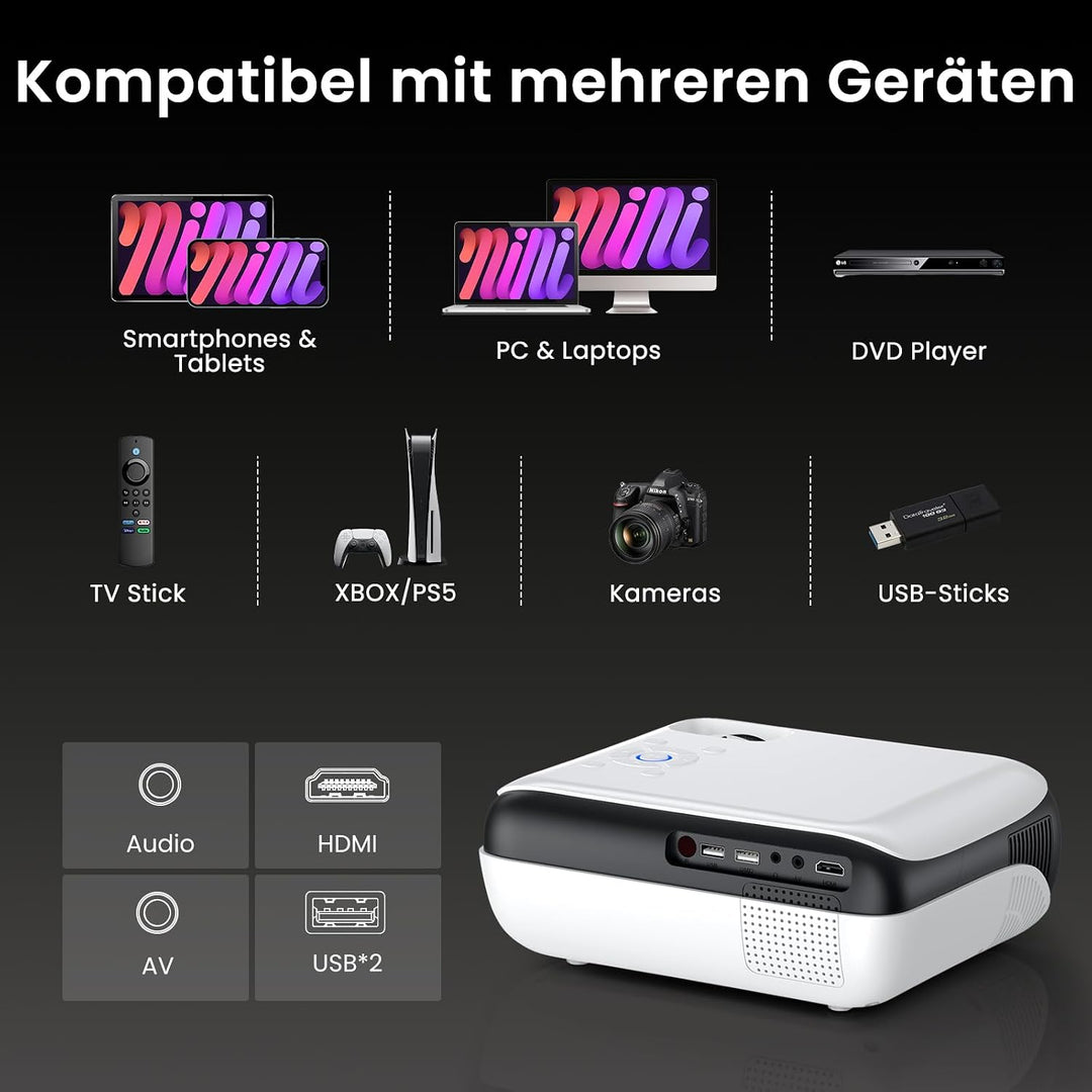 Mini Beamer, HAPPRUN H1 Full HD Beamer mit Bluetooth – Native 1080P Tragbarer Outdoor Projektor mit