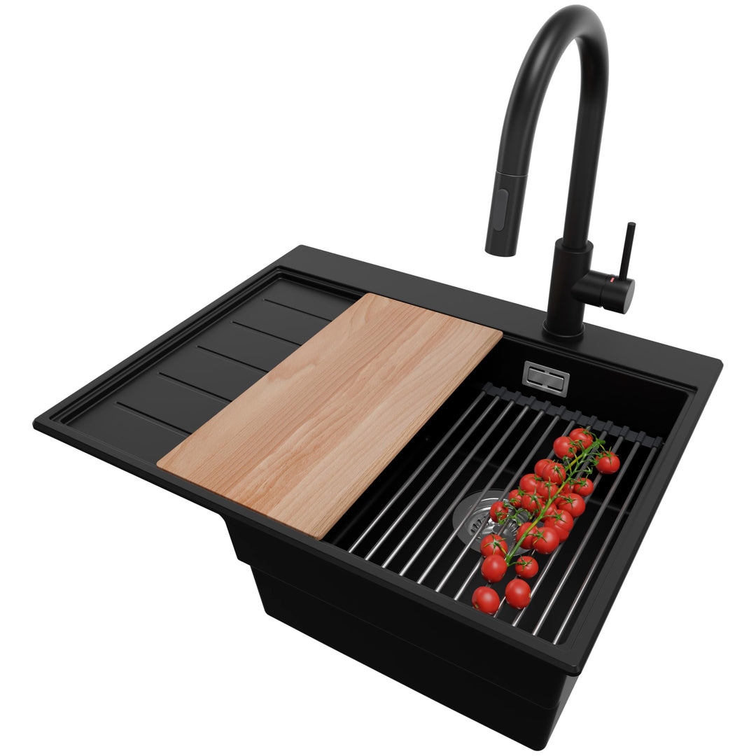 PRIMAGRAN Granitspüle Schwarz 62x50cm, Spülbecken 1 Becken + Küchenarmatur 40x20cm + Ablauf-Set, Küc
