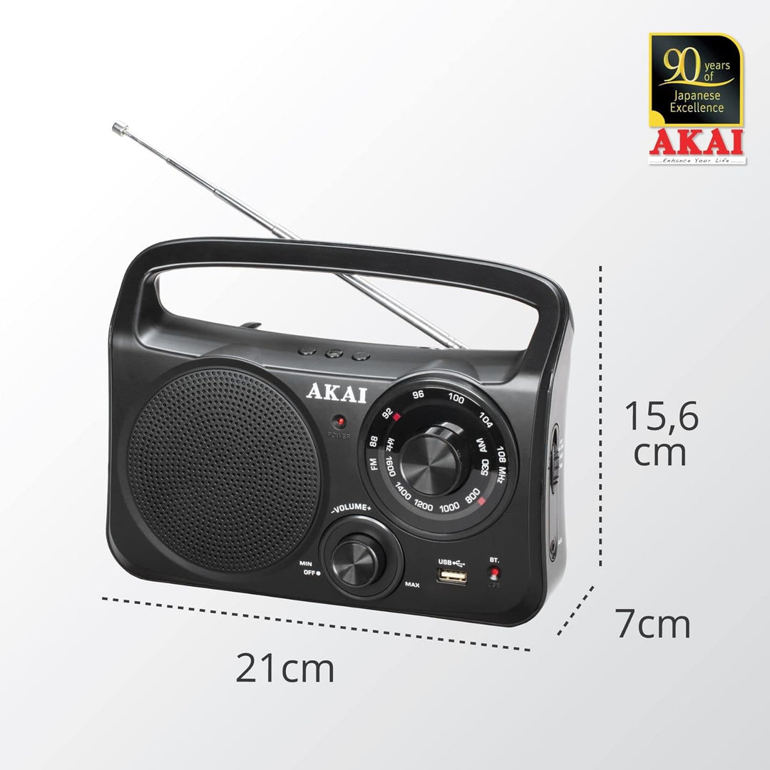 AKAI Tragbares AM/FM Radio mit Bluetooth, USB und AUX Klassisch, Robust und einfach in der Bedienung