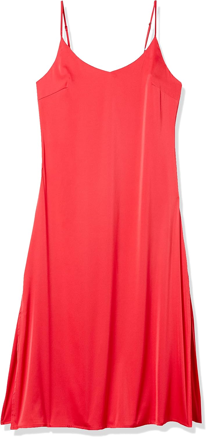 The Drop Damen Ana Silky Midi-Slip-Kleid mit V-Ausschnitt M Rot, M Rot