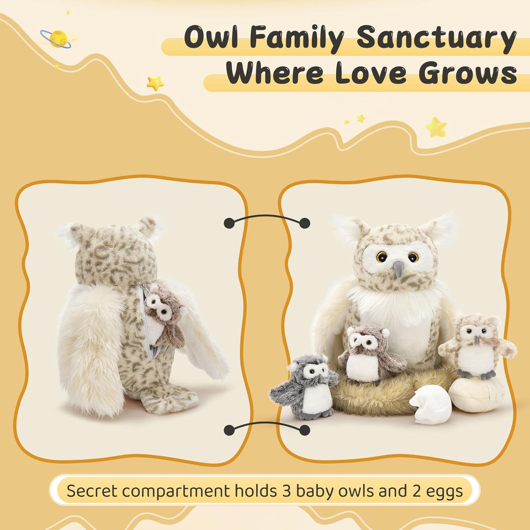 MorisMos gross Eule Kuscheltier XXL Set, 40cm hoch riesen Eule Kuscheltier mit 3 Babys im Bauch, owl