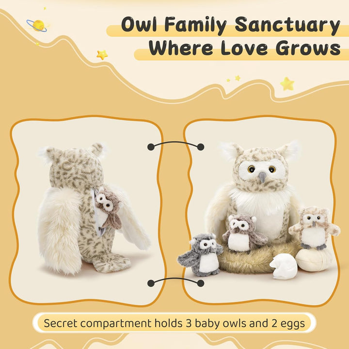MorisMos gross Eule Kuscheltier XXL Set, 40cm hoch riesen Eule Kuscheltier mit 3 Babys im Bauch, owl
