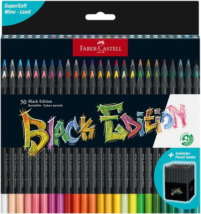 Faber-Castell 116450 - Buntstifte Blackwood, Black Edition, 50er Etui, leuchtende Farben mit weichem