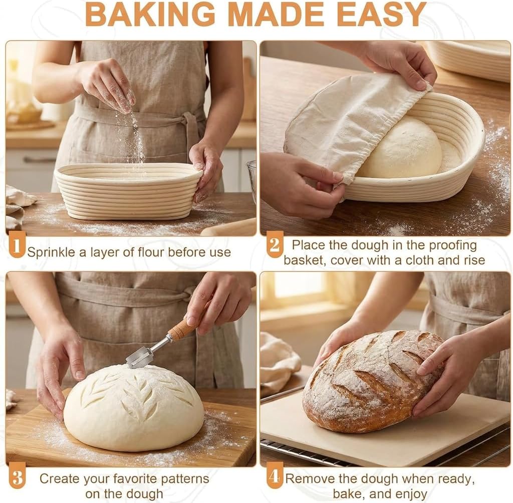 Kobete Brot Gärkorb Set, 23cm Gärkörbchen Rund &amp; 25cm Oval | Gärkörbchen zum Brotbacken aus natürlic