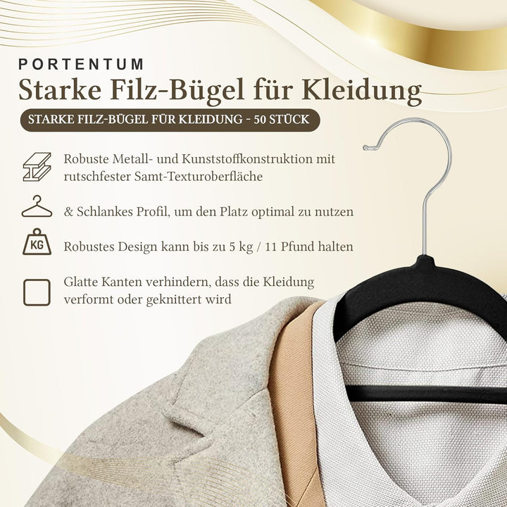 PORTENTUM Kleiderbügel aus Samt, 50 Stück, Schwarz. Zubehörhalter, 360º Drehbarer Haken, Platzsparen